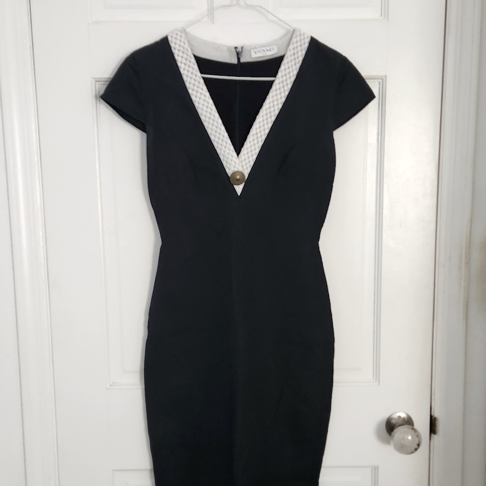 Vionnet Navy & White Short-sleeved Pencil Dress - Sz 40 Italian